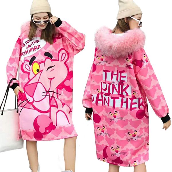 

Women Hoodie Dress The Pink Panther Sweatershirt Autumn Winter New Fashion Cartoon Print Long Sweater Outwear
