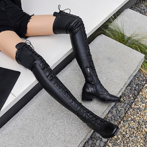 

genuine leather square heels over the knee boots women dress wedding shoes woman round toe autumn boots large size 43, Black