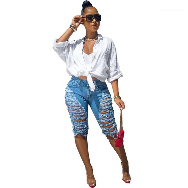 

fly jeans summer holes jean knee length pencil pants with pockets girls mid waist fashion tassel jeans womens designer button, Blue