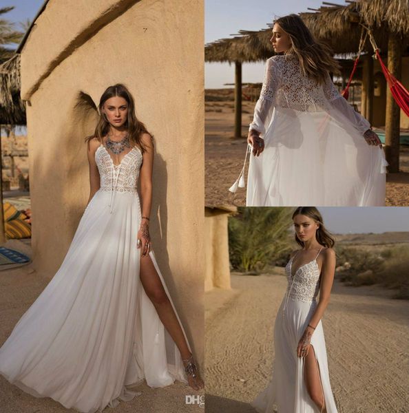 

2019 asaf dadush boho wedding dresses spaghetti lace bridal gowns thigh high slits with wrap chiffon beach wedding dress custom, White