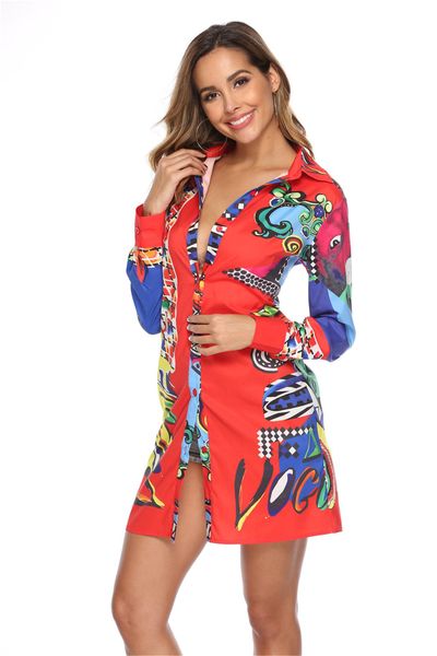 

цифровая печать женская рубашка платья мода лето с коротким рукавом отворотом шеи печати сексуальные женские платья с пуговицей, Black;gray