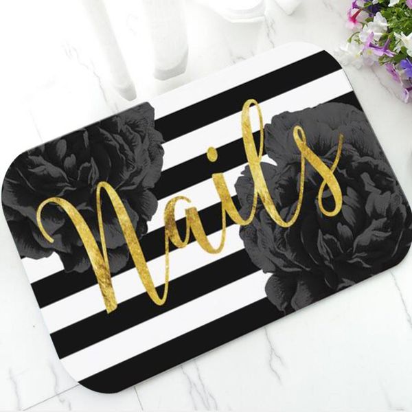 Stylish Gold Nail Salon Makeup Doormat Elegant Gitter Nails Beauty Salon Welcome Door Mat Black White Striped Floral Rug Carpet Patio Set Cushions