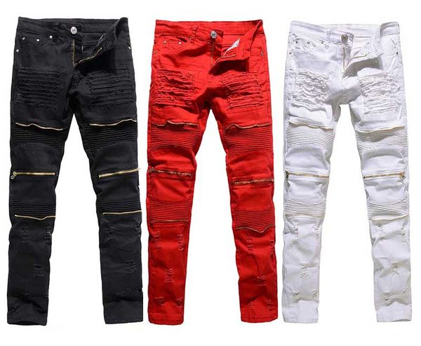 

men skinny distressed jeans slim denim causual knee hole mid waist hiphop pants biker washed high quality, Blue