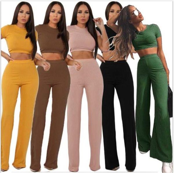 

wide leg summer womens tracksuits crop solid color crew neck with wide leg womens designer tracksuits middle waist slim striped 2pcs, White