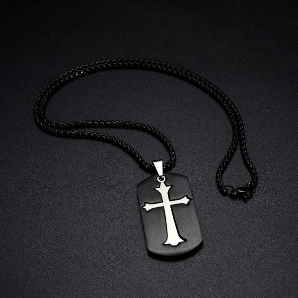 

fashion design men stainless steel black square card cross pendant necklace hip hop jewelry 55cm long chain punk designer necklaces for men, Silver
