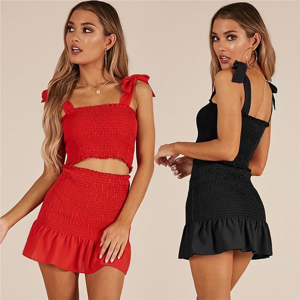 

sexy сборка скольжение платья узел плечо два части платья высокой талия crop top платье мини-юбка набор летом женская одежда, White