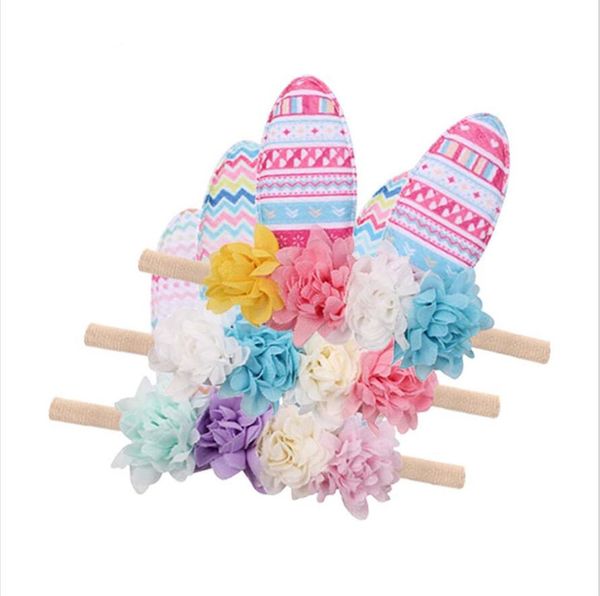 

easter baby girls lovely rabbit ear hair band diy headbands kids infant headwrap flowers printing bowknot elastic hair accessories e22703, Slivery;white
