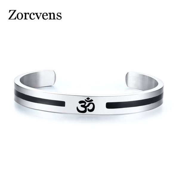 

modyle casual aum om bangle for men women simple stainless steel open cuff bracelets yoga religious lucky peace jewelry, Black