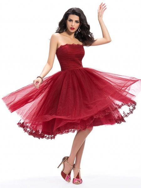 

dark red strapless lace appliques a-line knee-length cocktail dresses tulle homecoming dresses short party evening gowns sale, Black
