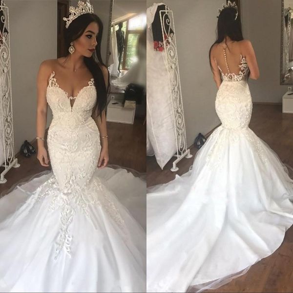 

2019 arabic mermaid wedding dresses sheer neck sweep train appliques button back garden country plus size bridal gowns vestido de novia, White