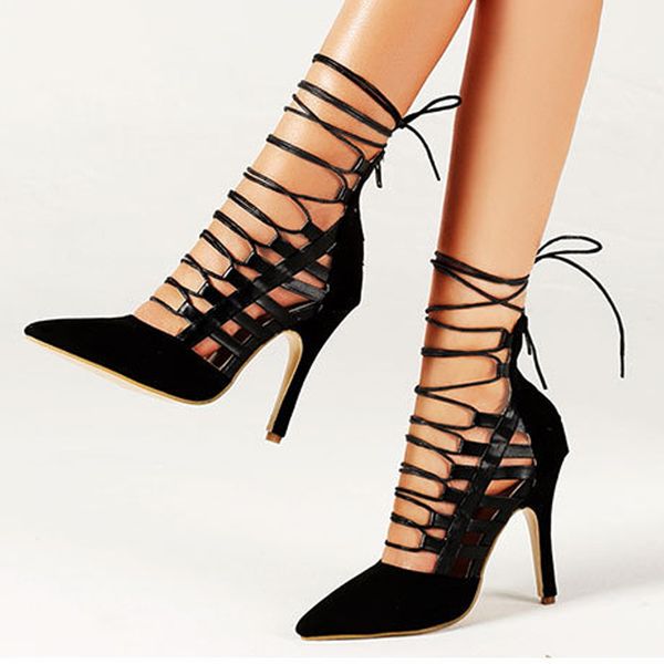 

sandals lace up womens four seasons explosion models roman style cross-tied fashion black party high heels cut-out shoes plus size 42