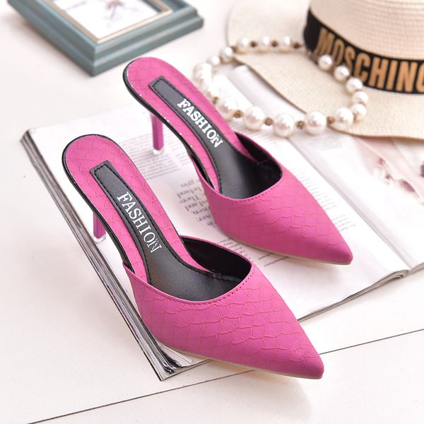 

women's casual babouche fish scale vamp pointed toed high heels stiletto half slippers loafers stilettos slides mules shoes 789, Black