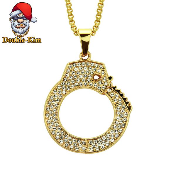 

handscuffs full zircon pendant necklace hiphop street culture zinc alloy inlaid zircon chain necklace fashion man jewelry gift, Silver