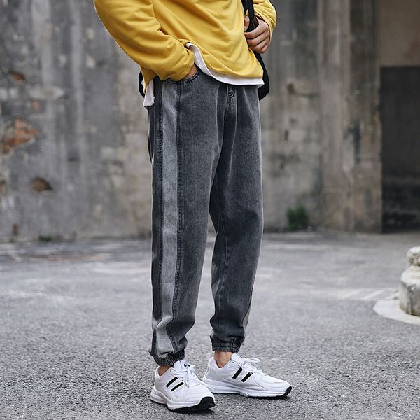 

2019 autumn casual trend personality spelling color all-match student men jeans hip hop cotton striped loose male trousers -5xl, Blue