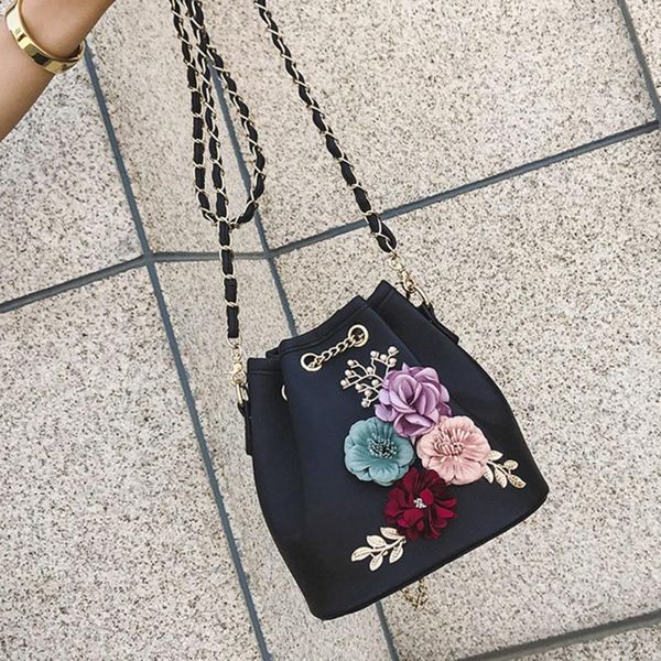 

handmade flowers bucket bags mini shoulder bags with chain drawstring small crossbody pearl leaves decals g5