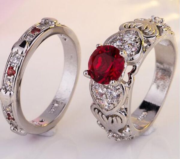 

european luxury pink/red zircon heart ring for women fashion charming engagement wedding ring set jewelry bague femme size 6-10, Silver