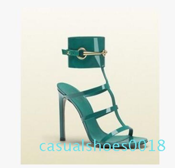 

europe brand ursula sandals red patent leather horsebit ankle-strap sandals high heel big buckle summer dress shoes big size heel  cm c18, Black