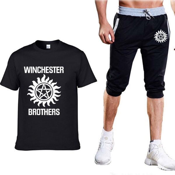 

men's t-shirt for winchester car summer mens short sleeve casual male solid color crew neck cotton t-shirt+pants suit 2pcst