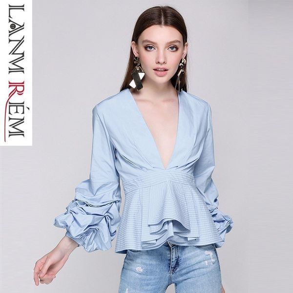 

lanmrem 2019 summer new deep v-neck nine-point puff sleeve shirt ruffled hemline female fashion blouse yh509, White