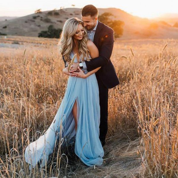 

bohemian blue beach wedding dresses v-neck backless tiered summer bridal dress front split boho bridal gowns, White