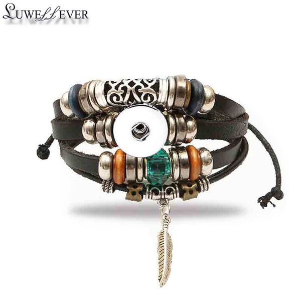 

adjustable 147 really genuine leather hand weave 12mm 18mm snap button bracelet interchangeable charm jewelry for women gift, Golden;silver