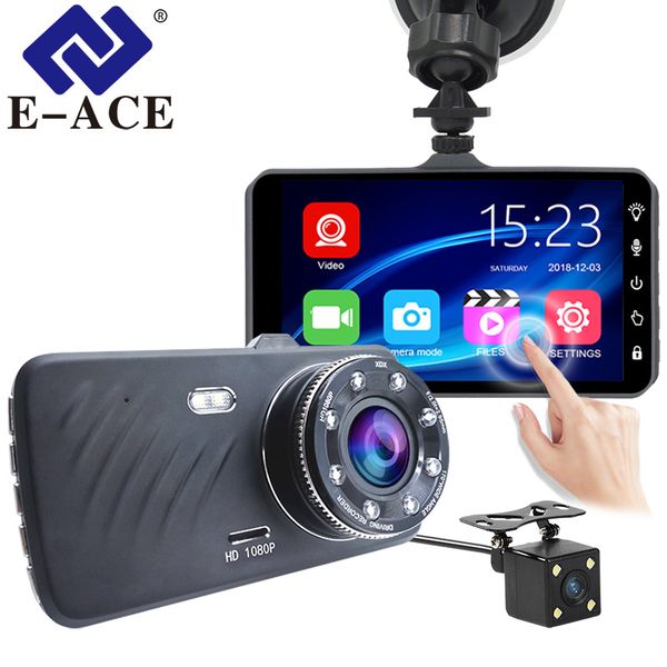 

e-ace car dvr 4 inch touch auto camera dual lens dash cam video recorder fhd 1080p registrator with rear view camera dashcam