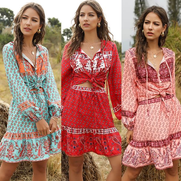 

two piece dress 2021 2 pieces set skirt and women summer outfit boho print lantern sleeve buttons suit bohemian beach drop, White