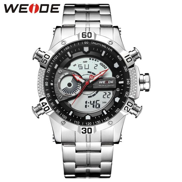 

weide sports men digital movement auto date chronograph alarm calendar stainless steel strap quartz watch, Slivery;brown