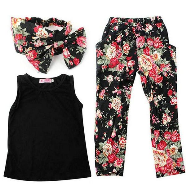 

summer girls fashion 3pcs floral headband sleeveless + pant casual outfit children clothing set, White
