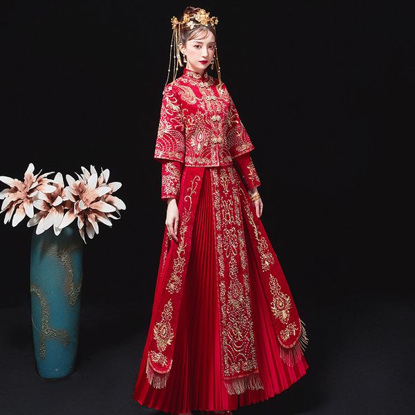 

ethnic clothing xiuhe traditional chinese wedding dress qipao national costume womens overseas style bride embroidery cheongsam, Red