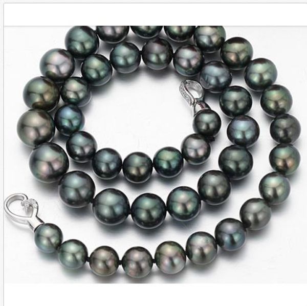 

baa stunning round 10-11mm tahitian black green pearl necklace 18inch, Silver