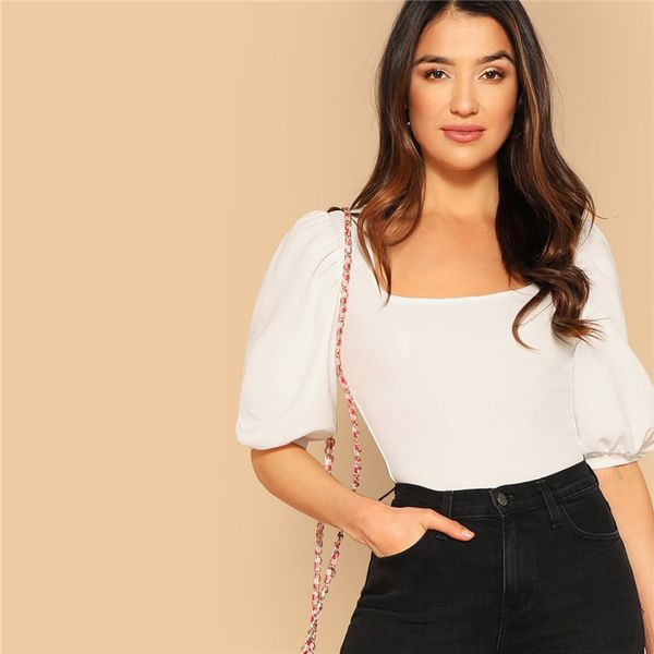 

womens designer tshirt women white puff sleeve solid fitted tee elegant square neck 3 4 2019 summer modern lady women plain