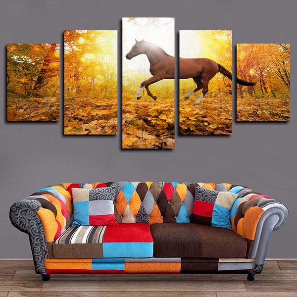 

5 panels canvas prints wall art paintings horse running in the autumn forest landscape artworks oil paintngs on canvas wall decor