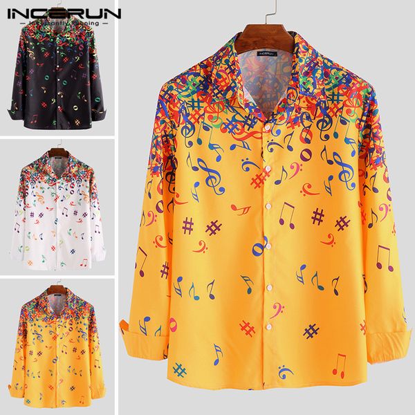 

incerun men dress shirt music symbol printed casual lapel brand long sleeve blouse 2019 street button fitness business shirt men, White;black