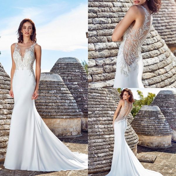 

eddy k 2019 свадебные платья illusion jewel кружева без рукавов аппликации русалка свадебные платья sweep поезд свадебное платье vestidos de, White