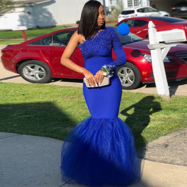 

royal blue one shoulder mermaid prom dresses lace appliques bead layer bottom evening gown elastic satin prom wears 2019, White;black
