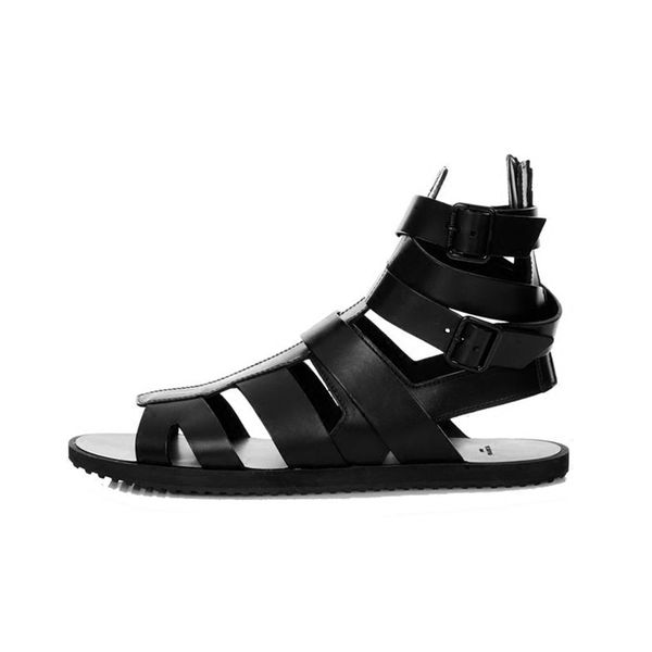 

summer beach sandals men fashion high cross straps open toe sandals vintage real leather flats gladiator shoes, Black