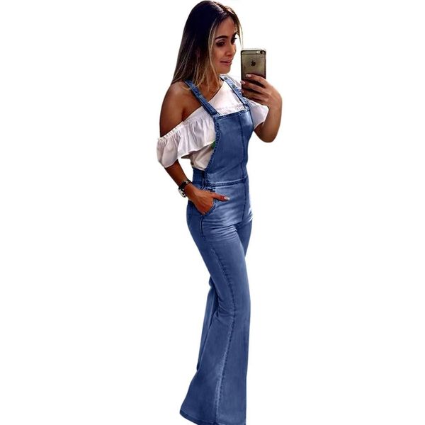 

autumn vintage washed trumpet suspenders trend wild high-waist stretch ladies overalls casual womens bib jeans size s-xl, Blue