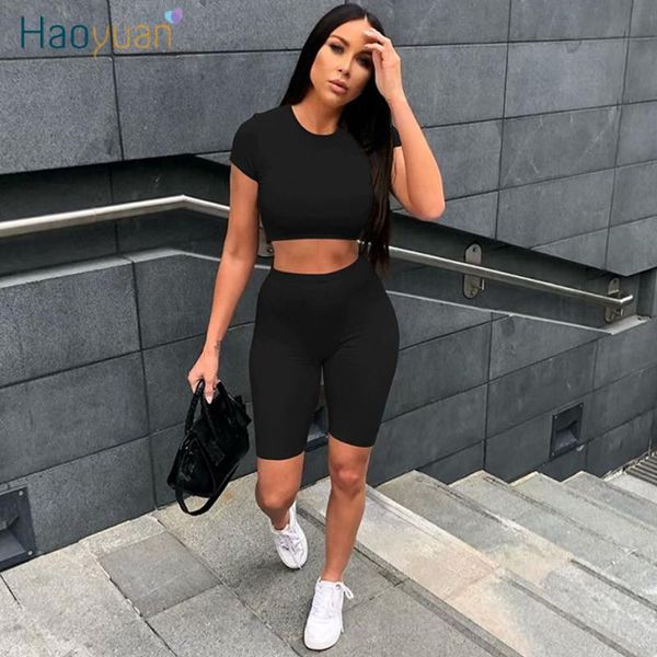 

two piece dress haoyuan set crop biker shorts sweat suits bodycon clother matching sets 2 pcs outfits for women tracksuit, White
