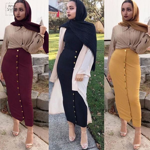 

size skirts 2019 summer abaya musulmane women high waist button bodycon maxi skirt long turkish islamic plus clothing jupe femme, Black