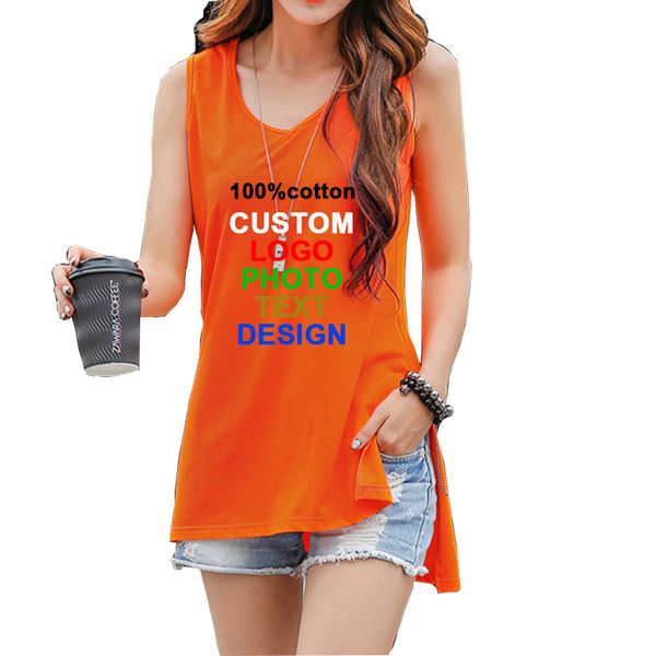 

oversized women long tank cotton custom logo p text printed diy split lady v neck tee shirt female hip hop rock t-shirt, White
