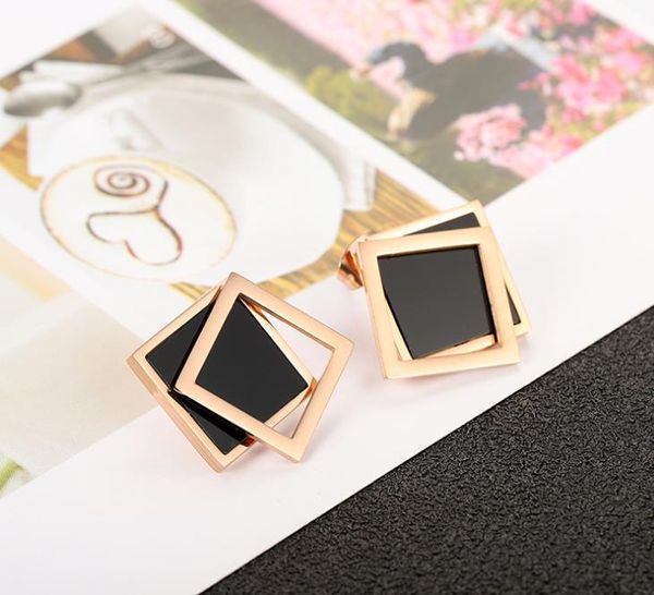 

простой двухслойная квадратный полый черный розовое золото смешанные серьги, Golden;silver