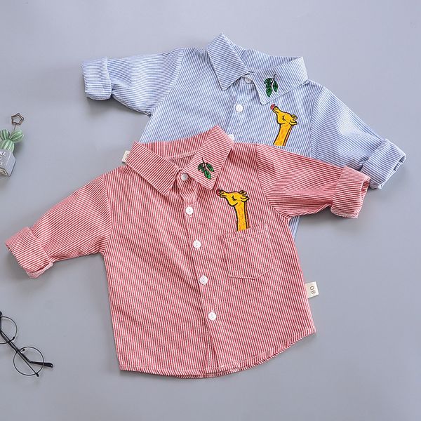 

children spring and autumn new style deer embroidery polo collar long sleeve shirt infants stripes cardigan, White;black