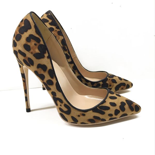 

suede leather leopard women stiletto shallow pumps slip on thin high heel pointed toe office lady dress shoes, Black