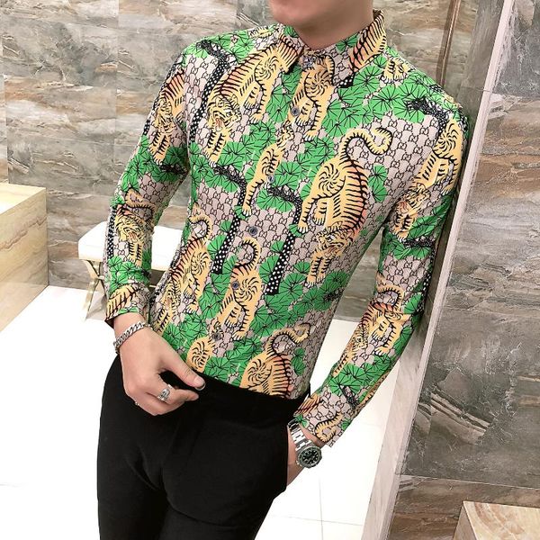 

green luxury shirts mens social young men shirts prom dress slim fit cotton gold printed social club outfit party dress baroque, White;black