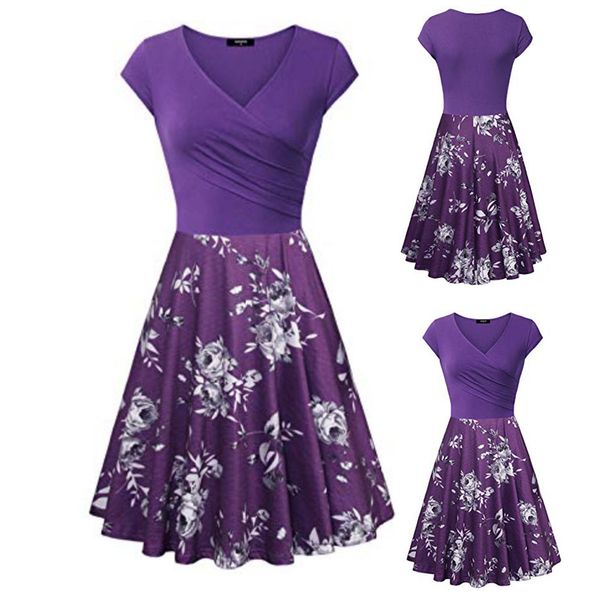 

women's summer sundress women's short sleeve cross v- neck dresses vintage elegant flared a-line dressvestidos mujer, Black;gray