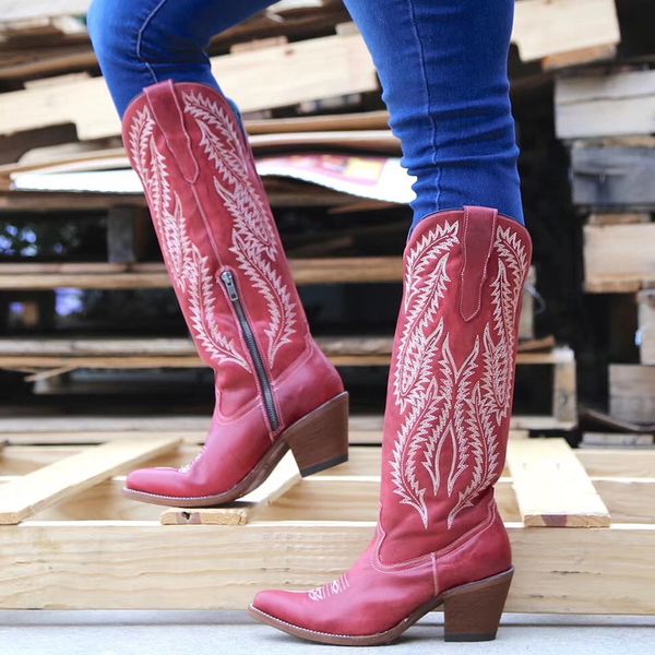 

shujin women retro boots fashion ladies shoes autumn winter square toe zipper high heel female shoes knee high sewing boots, Black
