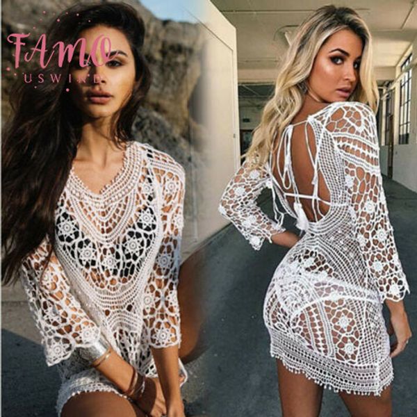 

swimwear cover up kimono sleeve women white lace tunic beach dress clothing backless bathing suit crochet bikini swimming beach wear, Black;gray