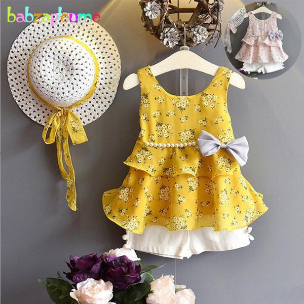 

3pcs/summer wear sets for kids clothes girls boutique outfits cute flowers baby t-shirt chiffon sleeveless short+hats bc1683 y190518, White