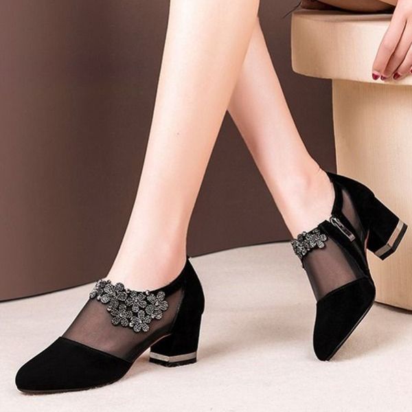

fashion women shoes black hollow mesh pointed heels female elegant flower shaped rhinestone ornament footwear ladies 35-43 y200702